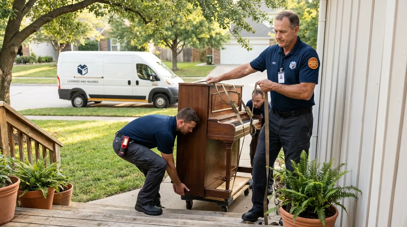 Licensed piano movers securing grand piano in Kamiah, ID