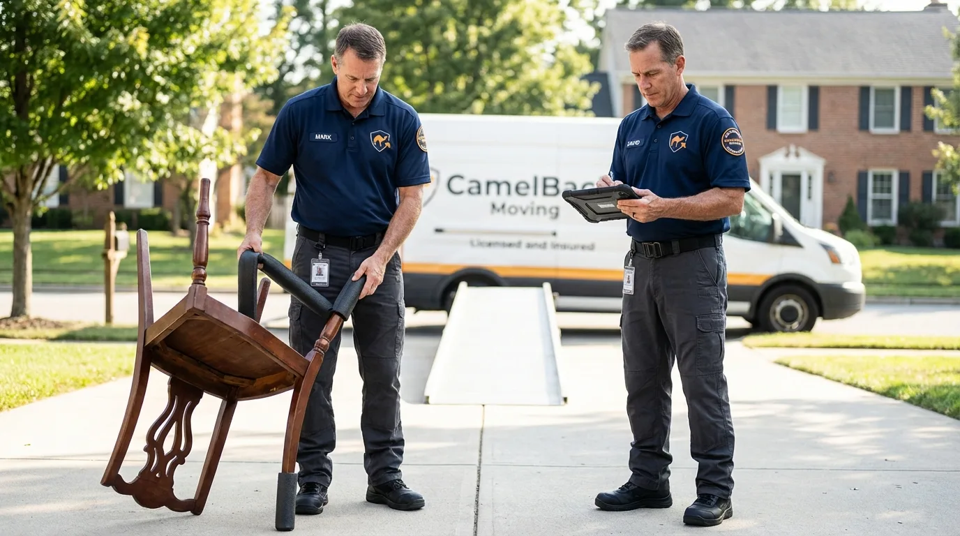Movers inspecting furniture for damage prevention before loading in Kamiah, ID