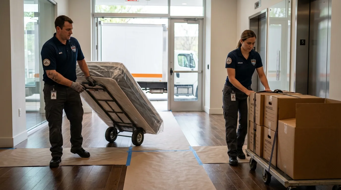 Professional apartment movers loading elevator in Kamiah, ID